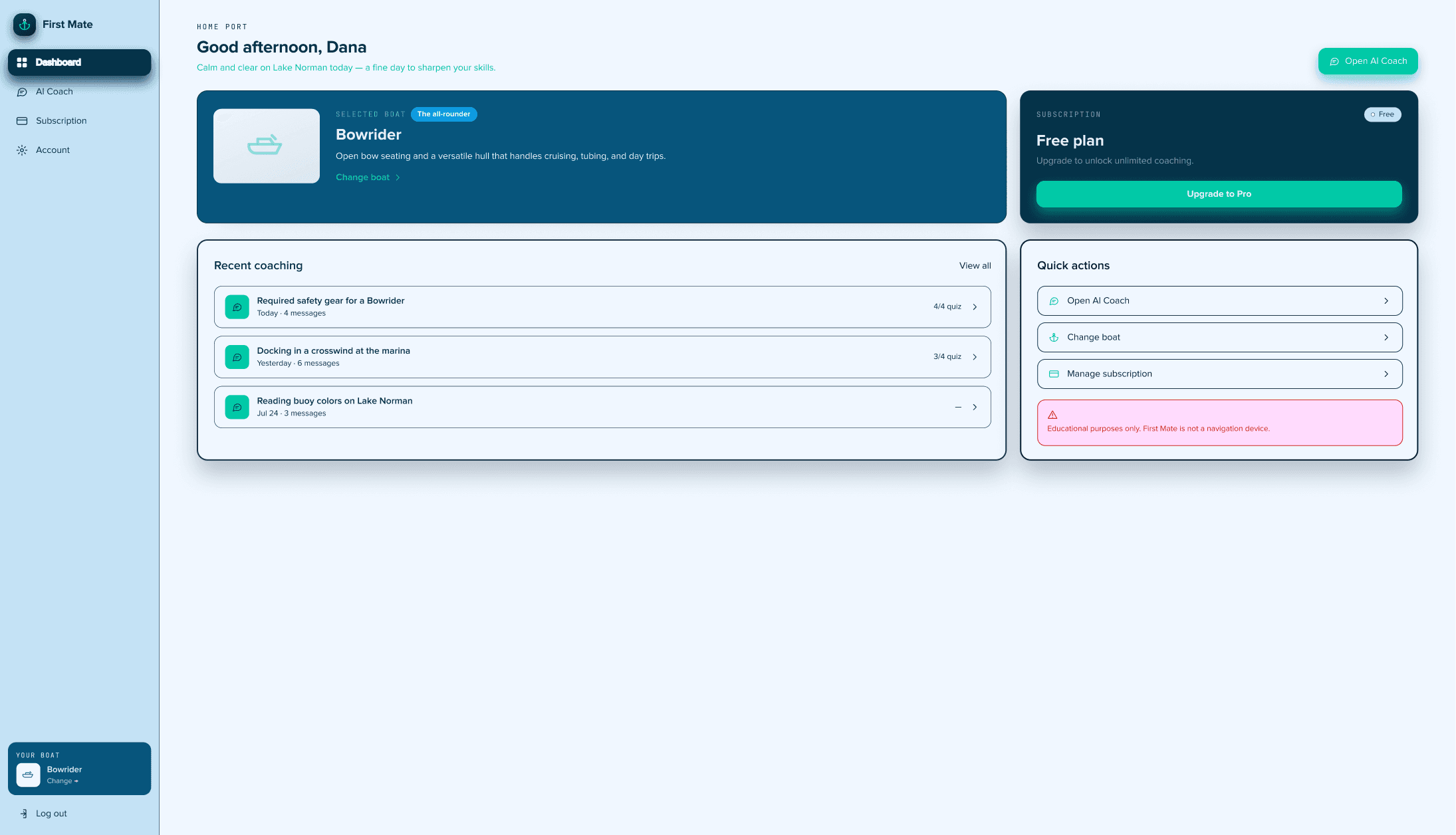 First Mate dashboard screenshot